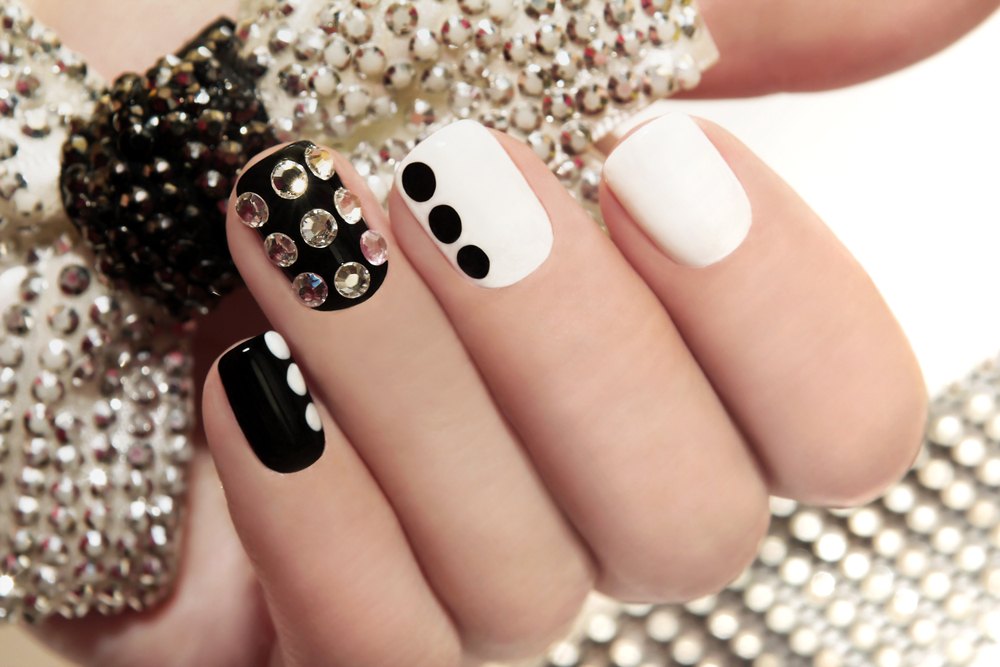 Black And White Dotted Rhinestone Nails Design
