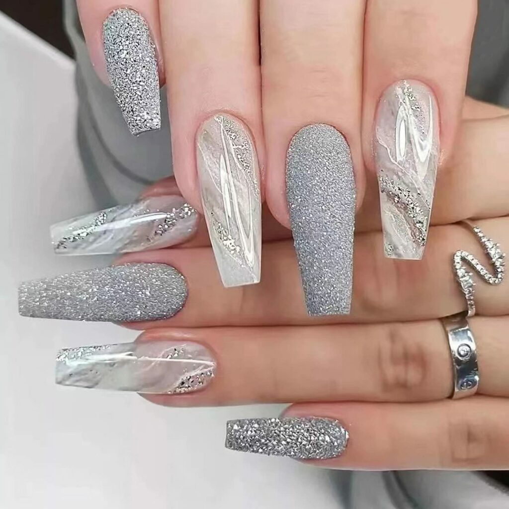 Grey-Texture Rhinestone Nails Design