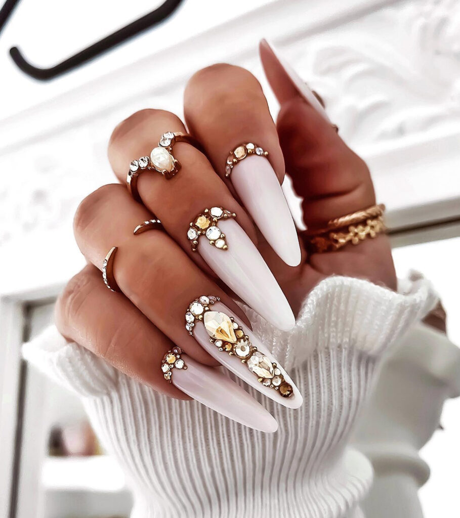 White Nail Designs With Rhinestones At The Tip